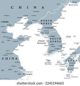 Región de la península coreana, mapa político gris. Región peninsular de Corea del Sur en el Asia oriental, dividida entre Corea del Norte y Corea del Sur, fronteriza con China y Rusia y separada del Japón por el estrecho de Corea.