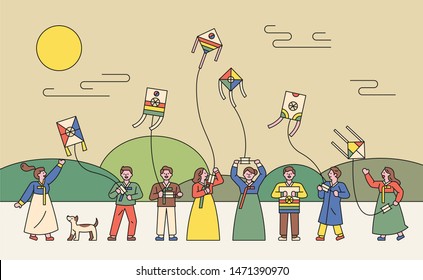 Korean people playing traditional costumes and kites. flat design style minimal vector illustration.