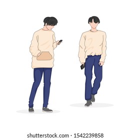 Korean people with smartphone. Flat vector illustration