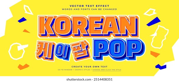 Efeito de texto pop coreano no plano de fundo de cor amarela, estilo gráfico do vetor de título do K-pop