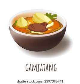 Korean pork spine or neck bones soup with vegetables seasoned with seasonings like gochugaru. Isolated plate with meat broth with potatoes and greens. Source of collagen. Vector in flat style