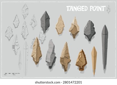 Korean Prehistoric Artifact Paleolithic Tanged Point Detailed Vector Illustration Set