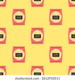 Korean Ramen Seamless Pattern. Playful Asian Instant Noodles in Package with inscription Background. Fast Food repeat vector illustration