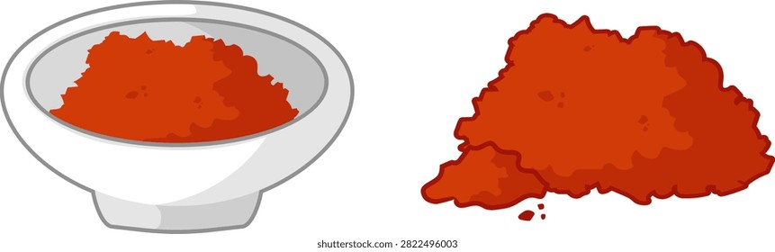 Korean red pepper flakes or gochugaru in a small bowl and scattered, vector illustration