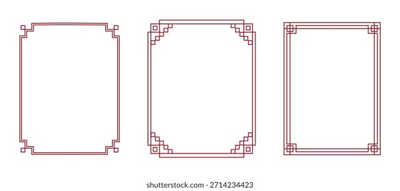 Marcos tradicionales rojos coreanos, bordes de línea con adornos de esquinas de nudo. Colección cuadrada asiática de la decoración. marco del certificado, frontera antigua de China