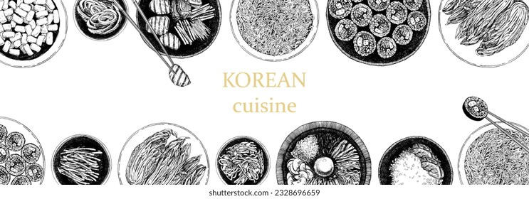 Korean Restaurant Menu. Hand-drawn illustration of dishes and products. Ink. Vector