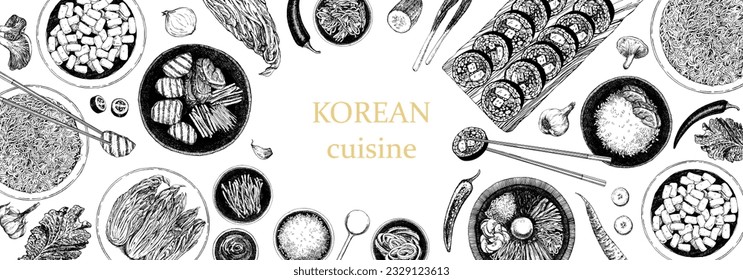 Menú de restaurante coreano. Ilustración a mano de platos y productos. Tinta. Vector