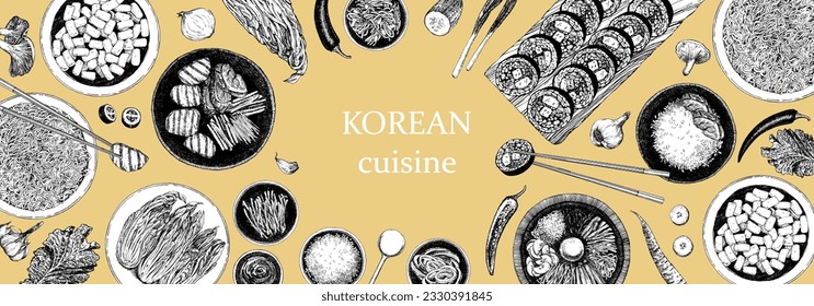 Korean Restaurant Menu. Hand-drawn illustration of dishes and products. Ink. Vector