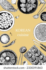 Korean Restaurant Menu. Hand-drawn illustration of dishes and products. Ink. Vector