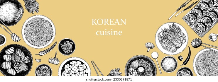 Korean Restaurant Menu. Hand-drawn illustration of dishes and products. Ink. Vector
