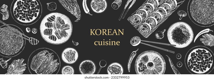 Menú de restaurante coreano. Ilustración a mano de platos y productos. Tinta. Vector