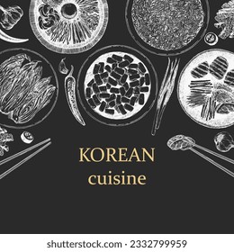 Korean Restaurant Menu. Hand-drawn illustration of dishes and products. Ink. Vector