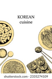 Korean Restaurant Menu. Hand-drawn illustration of dishes and products. Ink. Vector
