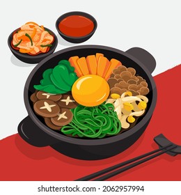 Koreanische Reisschale mit verschiedenen Gemüsesorten, Ei- und Fleischgrafik-Vektorgrafik. (Bibimbap-Rezept)