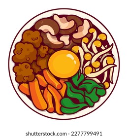 Korean rice bowl filled with assorted vegetables, egg and meat illustration vector. (Bibimbap recipe) Asian salad food icon design. Korean bibimbap top view cartoon. Korean food menu vector.