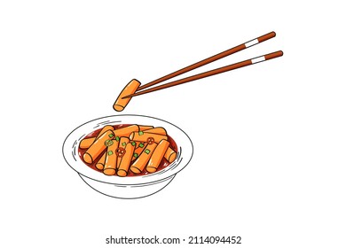 Korean rice cakes tteokbokki in hot spicy sauce. Vector illustration hand drawn in sketch style. Popular street food