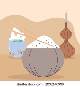 korean rice and tea with candle