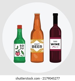 Korean rice vodka or soju ,beer, wine. vector illustration