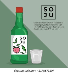 Korean rice vodka or soju and Glass alcohol bottles on green background