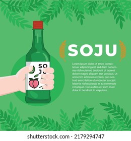 Korean rice vodka or soju on green background