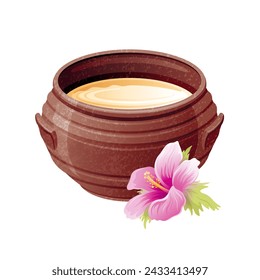 Korean rice wine. Makgeolli drink in ceramic pot with mugunghwa hibiscus flower. Traditional alcohol from Korea. Vector food and drink icon. Korean Makgeolli illustration. Rice wine pot pink flower