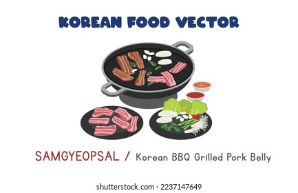 Korean Samgyeopsal - Korean BBQ Grilled Pork Belly flat vector design illustration, clipart cartoon style. Asian food. Korean cuisine. Korean food