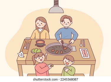 Korean samgyeopsal restaurant. A family of four is sitting at the table happily. Unique culture of grilled pork cut with scissors and spoon drawer on the table.flat vector illus