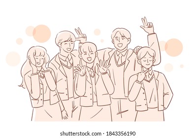 Korean SAT concept hand drawn style illustration. Korean examinees who are working shoulder to shoulder.