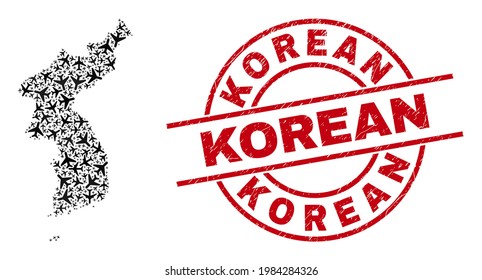 Korean scratched seal stamp, and Korea map mosaic of air force items. Mosaic Korea map created with air force symbols. Red badge with Korean text, and unclean rubber texture.