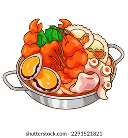 Vector de la receta de sopa de mariscos calientes de mariscos coreanos. Dibujo de iconos de mariscos en forma de bufé de marisco asiático.
Caricatura china de condimento de olla caliente. Vector de mariscos picantes tailandeses. Shabu shabu, marisco japonés.