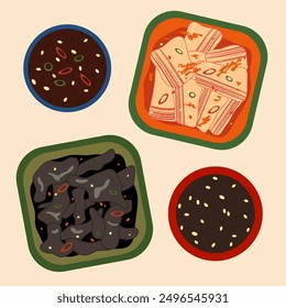 Korean side dishes vector illustration. Delicious spicy kimchi, black fungus salad and dipping gochujang and soy sauces on light background. Traditional asian food in modern style with textures