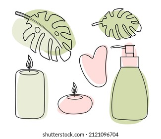 Korean Skin Care with Gua sha stone. Spa therapy. Gua sha stone, candle, tropical leaf, cream bottle In fashionable modern style in pastel tones. Massage therapy with candle. Flat vector illustration.