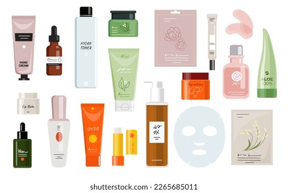 Korean skin care set. Collection of cosmetic products, creams and sprays. Beauty goods for cleansing, toning and moisturizing face. Cartoon flat vector illustrations isolated on white background