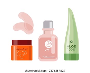 Korean skin care set. Face mask with herbal. Natural and organic skincare product. Pink face scrub. Template and layout. Cartoon flat vector collection isolated on white background