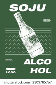 Esbozo de licor de bebida alcohólica soju coreano grabando ilustración vectorial. Diseño de afiches de partido. Esbozo de lápiz de época. Estilo de grabado. Etiquetas, cubierta, estampado de camisetas, pintura.