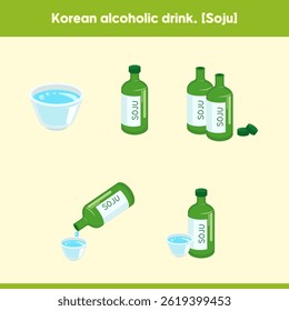 Korean Soju Illustration with Green Bottles and Glass Cups on a Light Background. vector illustration.