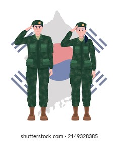 Korean soldiers and map 2D vector isolated illustration. Memorial day celebration flat characters on cartoon background. Patriotic holiday colourful scene for mobile, website, presentation