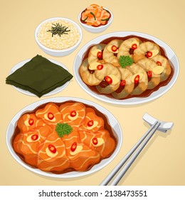 Korean soy marinated salmon and shrimp menu illustration vector.