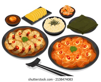 Korean soy marinated salmon and shrimp menu illustration vector.