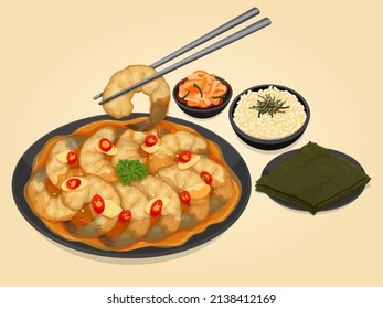 Korean soy marinated shrimp on plate and chopstick set menu illustration vector.