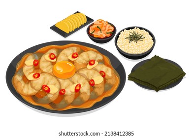 Korean Soy Marinated shrimp set menu illustration vector.