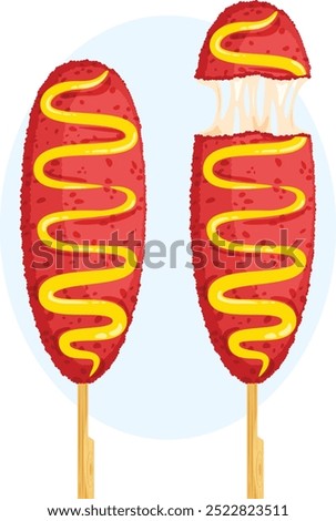 Korean Spicy Red Crust Corn Dog with Mustard and Cheesy Pull. Asian Street Food Art 