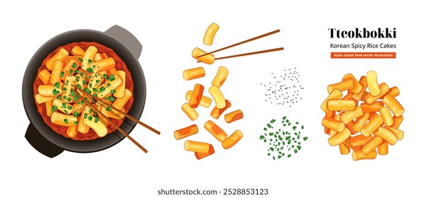 Bolos de arroz condimentado coreano Tteokbokki. Comida tradicional sul-coreana em frigideira com pauzinhos. Bolos de peixe asiáticos em salsicha de pimentão com cebola verde picada e sementes de gergelim. Ilustração vetorial.