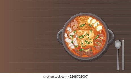 Korean stew Budae Jjigae, army base stew, spicy sausage illustration, vector