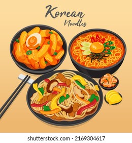 Korean stir fry noodles food. (Sundubu Ramyun or Ramyeon, Tteokbokki, Japchae or Chapchae) Korean stir fried noodles street food set menu set close up illustration vector. Spicy korean kimchi ramen.