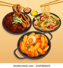 Korean stir fry noodles food. (Tteokbokki, Jajangmyeon, Japchae or Chapchae) Korean stir fried noodles street food set menu set close up illustration vector. Noodles with blackbean sauce.