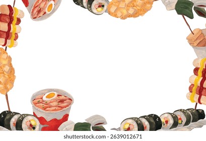 Korean street food background. Rice cakes, kimbap, corn dog, skewer watercolor elements. Asian cuisine colorful banner. Realistic snack food illustration. 