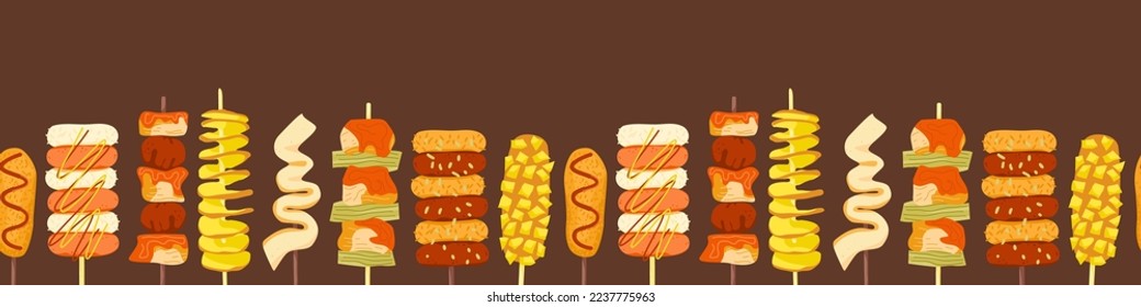 Korean street food banner. Horizontal seamless pattern from asian stick snacks. Corndog, rice and chicken skewers, tornado potato, fish cake. Cute colorful asian dishes border. Vector illustration.