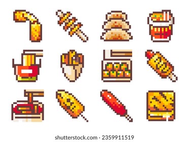 Korean Street Food Collection in Pixel Art Style. 8bit Retro Video Game Design Set of  Cheese Stick, Tornado Potato, Gyoza, Instant Ramen Noodles, Corn Dog, Fried Sausag, tteokbokki, Cheese Sandwich. 