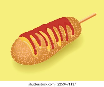 Korean street food, Corn dog. Sausage in dough on a stick with ketchup and mustard.